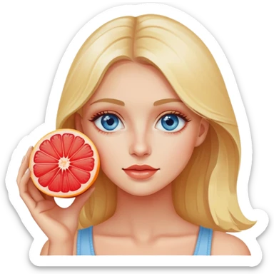 Beautiful blonde with blue eyes holds a cut piece of grapefruit near her eye sticker