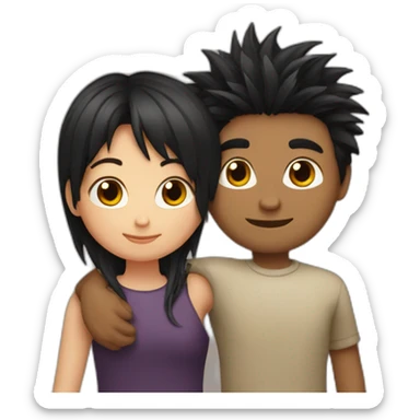 girl with black spiky hair hugging boy with brown hair sticker