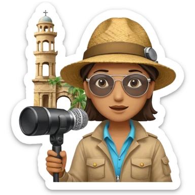 Icon for Documentary Film: A TV-style design with a traveler speaking in front of ancient ruins. Include details like a microphone, the traveler in casual explorer attire, and the ruins in the background. Capture the atmosphere of an informative journey through history. Transparent background. sticker