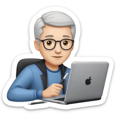 Make the hair gray or white, keep the emoji style of a young developer with a laptop and a tablet, stylus in hand. sticker