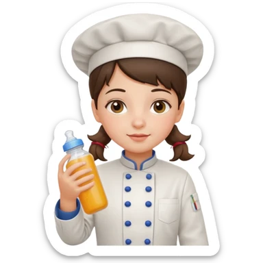girl kid italian chef, uniform, holding feeding bottle sticker