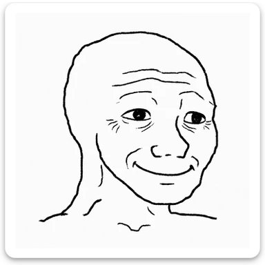 Wojak meme face, smiling with hope, simple line art sticker