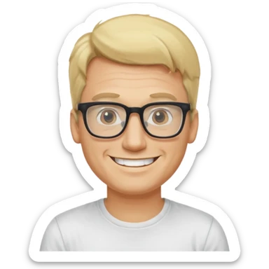 portrait of adult man, wearing a t-shirt, square glasses, grinning face, blond hair sticker