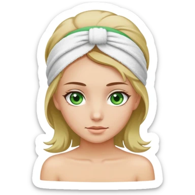 girl with green eyes and dirty blonde hair wearing a towel and headband at a spa sticker