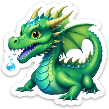 a green dragon with bue teeth breathing bubbles (full body) sticker