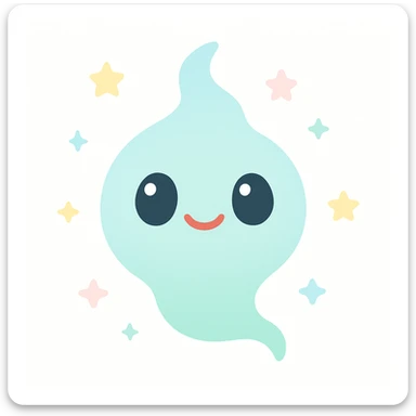 a wisp with a big smile, stylized as a cute floating spirit, vibrant and friendly, adorable and charming sticker