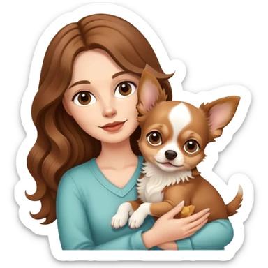 white woman with long wavy brown hair holding a chihuahua puppy sticker
