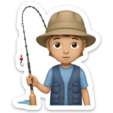 Little boy on the dock fishing, felt texture, scrapbooking sticker