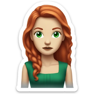 Rich woman, red long hair,  pale-skin, emerald blue-green-eyes,  scowling, very small nose, glaring, angry sticker