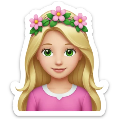 Girl profile picture with long blonde hair and green eyes and a flower in her hair. and a pink outfit sticker