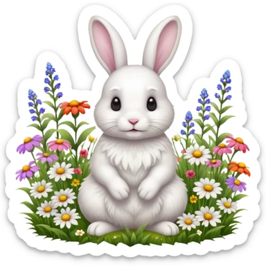 A fluffy white rabbit sitting in a meadow full of colorful flowers, ultra-realistic, high detail, soft morning light sticker