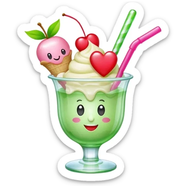 Create an emoji with a clear rounded glass, bright transparent green soda, vanilla ice cream scoop, two red cherries, pink heart-shaped straw, simple shapes, bright colors, glossy, kawaii style, centered, transparent background
 sticker