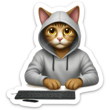 cat is a graphic designer in a hoodie and headphones, working at a computer in photoshop sticker