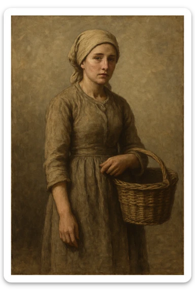 a real peasant woman, 19th century, plain dress, headscarf, carrying a basket, muted colors, realistic style sticker