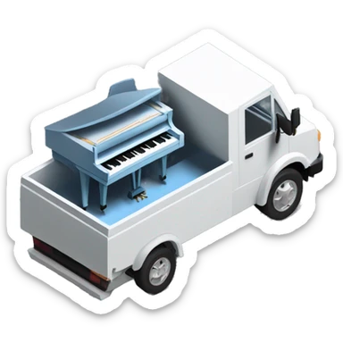 piano in a box truck, side angle, isometric, shell xray vision  sticker