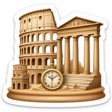 icon featuring ancient scrolls, quill pen with famous historical landmarks and monuments in the background like colliseum. Large, antique sand clocks with sand pouring out represent the passage of time. Historical figures are depicted as statues. Transparent background. sticker