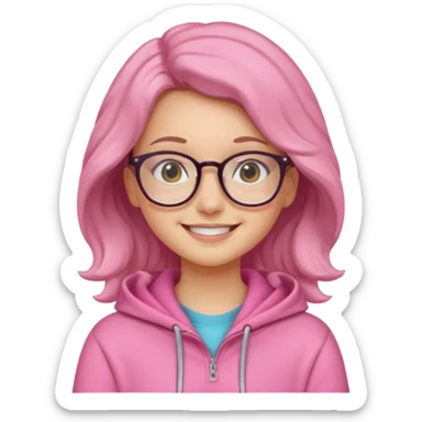Girl with glasses and wearing a pink hoodie, medium gavy hair and cute smile  sticker