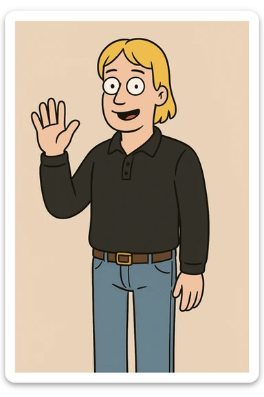 A man straight hair yellow hair Long Sleeve Pique Polo Shirt black lights blue jeans a hand say hello sticker