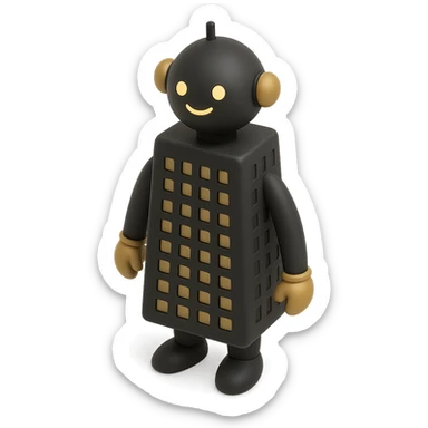 a smiling robot with a skyscraper-like body sticker
