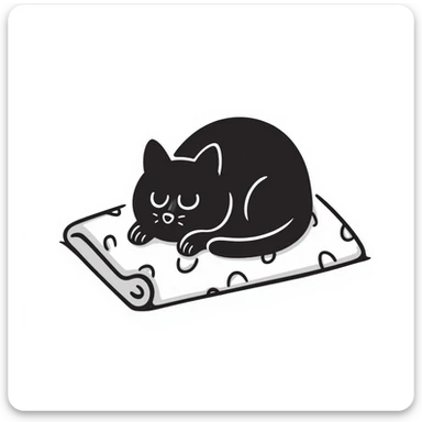 a cozy cat, curled up on a blanket, hand-drawn doodle style sticker