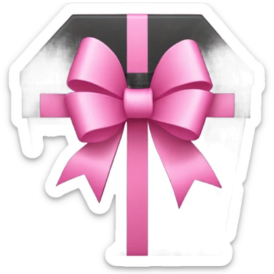 A black coffin-shaped box with a large pink ribbon tied in a bow on the front, against a pink background sticker