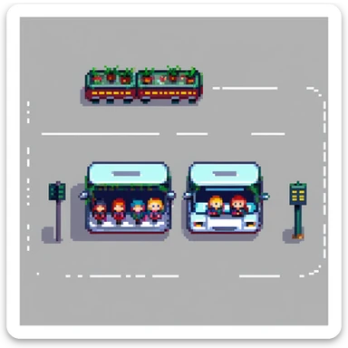 pixel art city bus stop with passengers waiting, bus arriving sticker