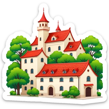 Qingdao European style buildings in Badaguan area with red roof and green trees, simplified emoji style with bold outlines and bright colors, cartoon style German architecture sticker
