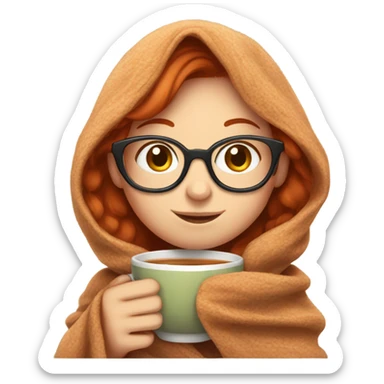 Redhead girl with glasses with drink tea under blanket sticker