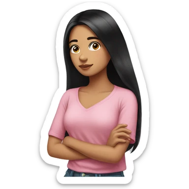 beautiful girl, long black hair, pink shirt, looking over her shoulder, Mexican  sticker