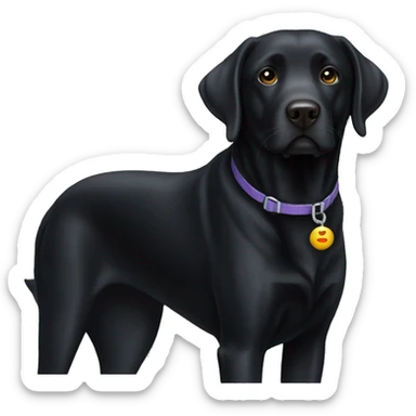 black labrador without collar and a "hi" sticker