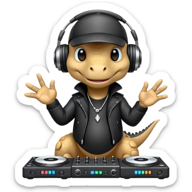 Dinosaurio muy tierno músico DJ con ropa negra futurista  sticker