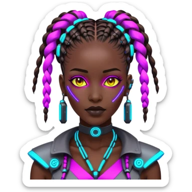 Cyberpunk African woman with futuristic braids, neon glowing accessories, tech implants, and vibrant colors sticker