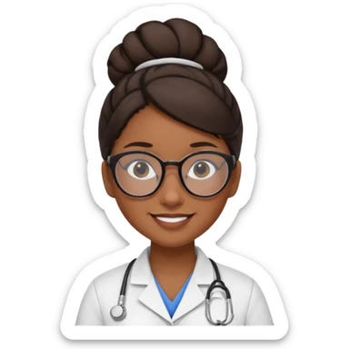 una enfermera escolar con gafas llamativas y un moño pequeño, morena de piel y pelo sticker