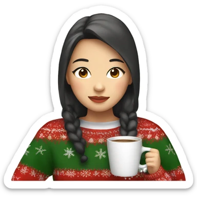 asian girl drinking coffee wearing Christmas sweater sticker