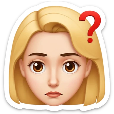 A woman with a confused facial expression, furrowed brow, and question mark above her head sticker