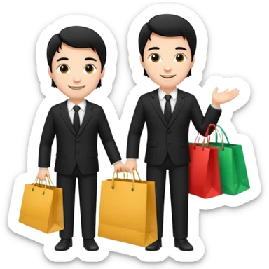a white man black hair in a black suit with clothing shopping bag sticker