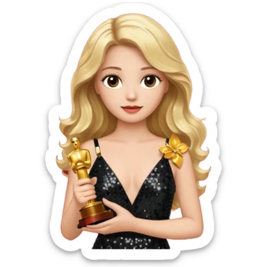 blonde model, brown eyes, long wavy hair, oscars red carpet, black sequin, holding oscar sticker