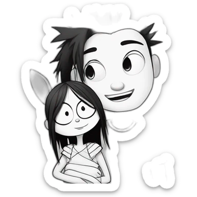 a dog and a girl with black spiky hair looking at each other in style of ((sarah andersen)), black and white,sarah andersen,cartoon,drawn,sketch sticker