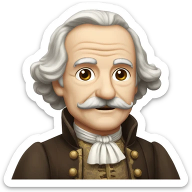 Short pudgy old man over enthusiastic face bald forehead long wavy gray and brown brunette long wavy hair moustache Shakespearean dress vintage clothes hamlet sticker
