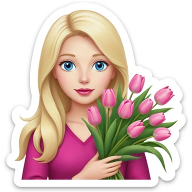 Cinematic realistic blonde with long hair, blue eyes and pink lips, holding a large bouquet of tulips in her hands sticker