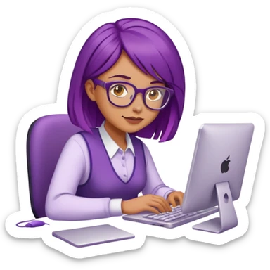 Ojos color miel, cabello lila, lentes, mujer, trabaja en su computador sticker