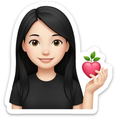 a pretty bratz fair girl with straight long black hair, wearing a black tshirt, smiling sticker