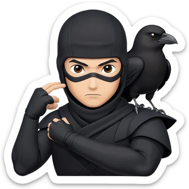 clash-of-clans-aesthetic_-cinematic-mysterious-male-ninja-portrait-emoji, rendered in a flat, vector-style with minimal shading and bold, simplified shapes, his arm is stretched out  with a head slightly turned revealing intense, focused eyes. the ninja has his arm out and perched on top of his forearm is  a  giant black crow sticker