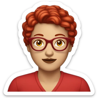 white woman with pixie cut dark red hair and big red glasses wearing red clothes sticker