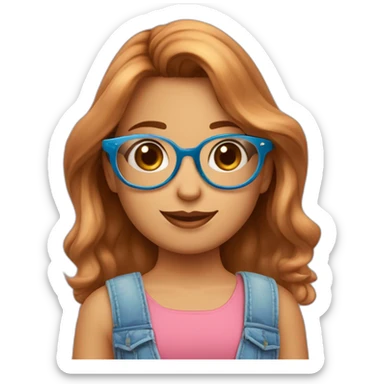 Una niña de cabello rubio corto con corte degradado y lentes oscuros, sombrero para verano rosa claro y una casaca grande hasta el cuello azul sticker