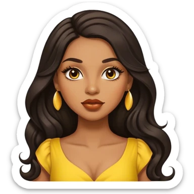 light brown skin tone, very beautiful woman, with big plump lips, long long lashes, black long wavy hair, middle hair parting, brown eyes, yellow dress sticker