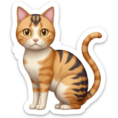full body calico tabby cat with skinny head and fat body with an anxious face sticker
