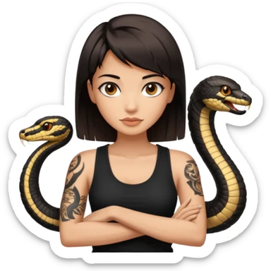 Femme brune yeux marron avec une coupe carré noir qui descend sur l'épaule , femme couleur de peau un peu bronzé mais pas metisse, avec un cobra a côté , débardeur noi , avec un tatouage sur le bras droit sticker