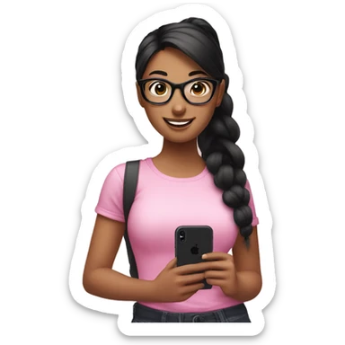 smiling girl with black hair and ponytail style, standing with a pink iphone in her hand, wearing big black glasses sticker