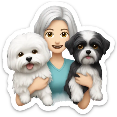 White women with short grey hair holding two dogs one black shih tzu and one white bichon frise sticker